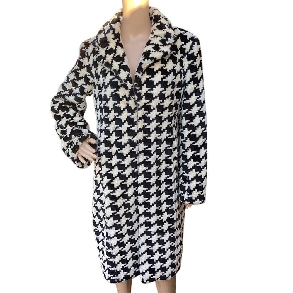 Express Women's Houndstooth Faux Fur Coat Black Size 11/12‎ Mid-Length
